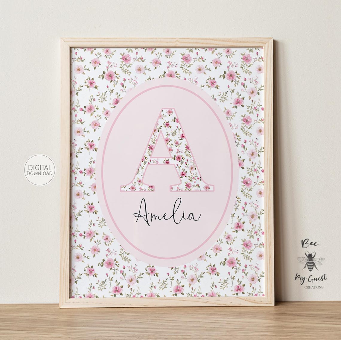 Custom Initial Nursery Wall Art Floral Personalized Name Print Pink ...