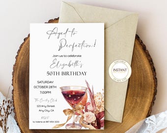 Aged to Perfection Birthday Invitation Template Wine Party Editable Invite Custom Age Birthday Printable Instant Digital Download