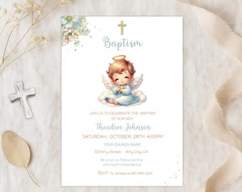 Boy Baptism Invitation Editable Christening Template Little Angel Invite Digital Download Printable