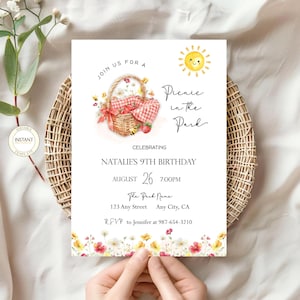 Invito di compleanno per picnic, modello modificabile per festa di compleanno floreale per bambine, invito per picnic al parco personalizzato, download digitale stampabile