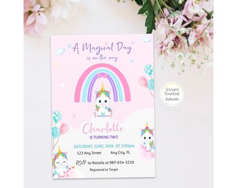 Unicorn Birthday Invitation Rainbow Unicorn Editable Invitation Girl Party Magical Day Second Birthday Template Instant Download Printable