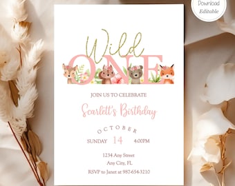 Editable Wild One Woodland First Birthday Invitation Forest Birthday Pink Template Girl First Birthday Party Instant Download Printable