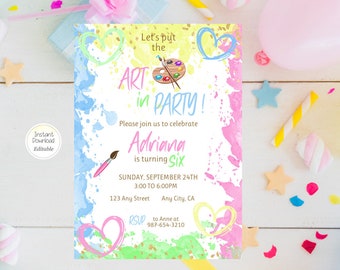 Art Birthday Party Invitation Editable Pastel Colorful Painting Art Party Girl Birthday Theme Invite  Digital Download Template