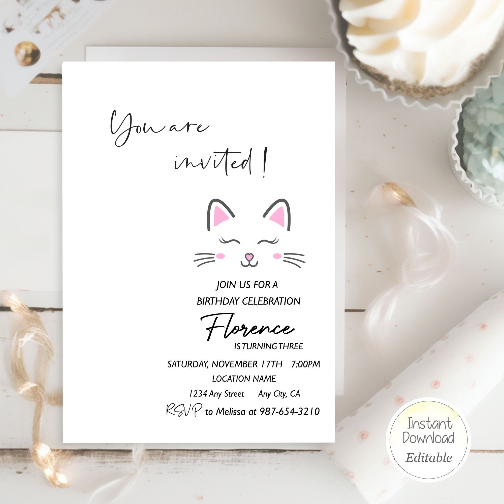 Editable Kitty Cat Birthday Invitation, Purrfect Party Invite Template ...