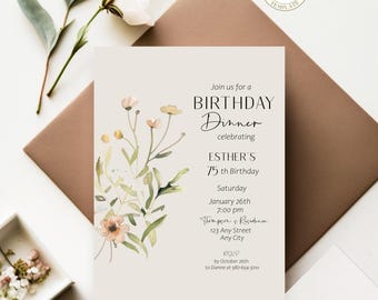 May include: A rectangular birthday dinner invitation card on a light beige background featuring watercolor-style wildflowers on the left side. The text reads: Join us for a BIRTHDAY DINNER celebrating ESTHER'S 75th Birthday, Saturday, January 26th, 7:00 pm.