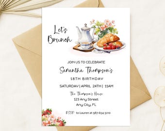 Let’s Brunch Birthday Invitation Editable Template Ladies Lunch Party Invite Custom Age Digital Download Printable