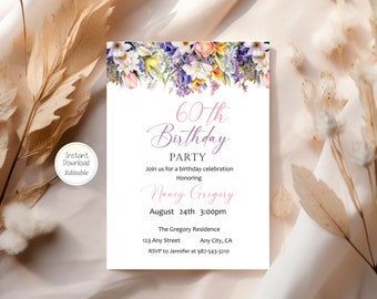 60th Birthday Floral Party Editable Invitation Spring Wildflower Birthday Any Age Invite Instant Digital Download Printable Template