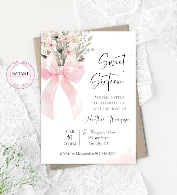 16th Birthday Invitation Editable Floral Pink Coquette Bow Sweet Sixteen Girl Party Invite Template Custom Age Digital Download Printable