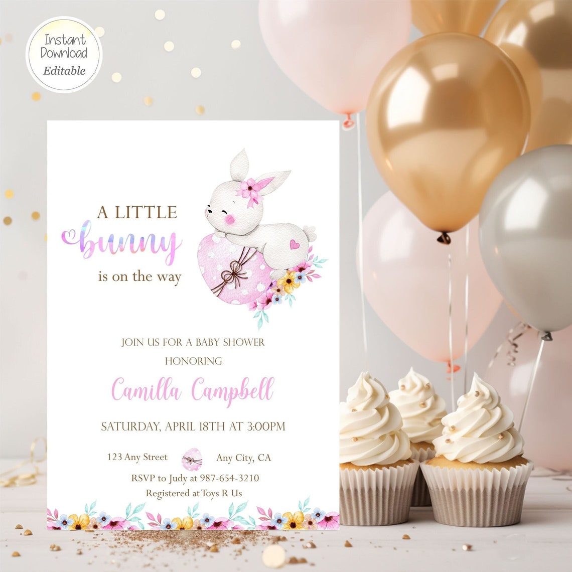 Editable Bunny Baby Shower Poster - Pink & Gold Floral Rabbit Sign For Baby Girl, Customizable