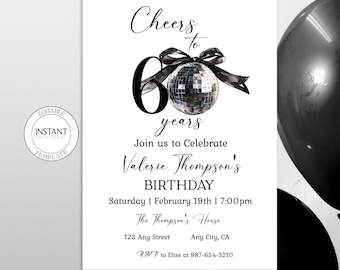 60th Birthday Editable Invitation Minimalist Silver Disco Party Black Coquette Bow Party Invite Instant Download Printable Digital Template