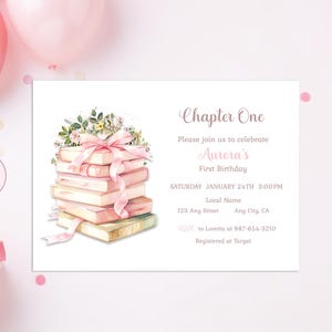Invitación de cumpleaños del capítulo uno: Tema de cuento con lazo rosa (Descarga digital editable)