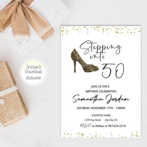 Editable Stepping into 50 Birthday Invitation 40 50 60th  Leopard Theme Birthday Party Invite Instant Download Printable Template