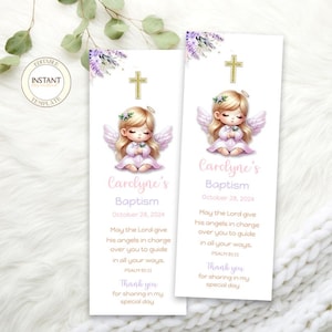Girl Baptism Bookmark Editable Baby Little Angel Keepsake Personalized Baptism Digital Template Instant Download Printable