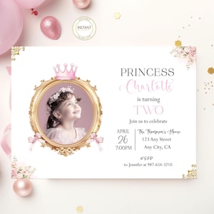 Princess Birthday Invitation with Photo Editable Template Little Princess Photo Birthday Party Invite Custom Age Digital Instant Download