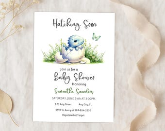 Hatching Soon Baby Shower Invitation Dinosaur Gender Reveal Baby Shower Editable Invite Thank Tag Instant Download Printable Template BS2