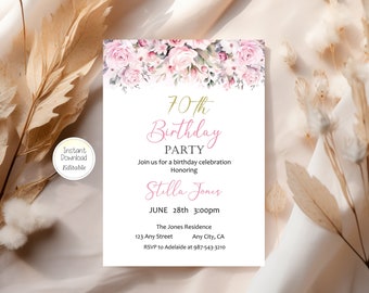 70th Birthday Pink Rose Editable Invitation Spring Floral Party Any Age Invite Instant Digital Download Printable Template