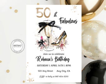 50th Birthday Invitation Editable Black Bow Floral Golden for Women Fifty and Fabulous Party Invite Instant Download Printable Template