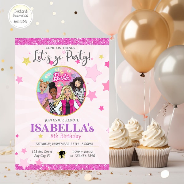 Editable Doll Birthday Invitation, Let's Go Party,  Download Printable