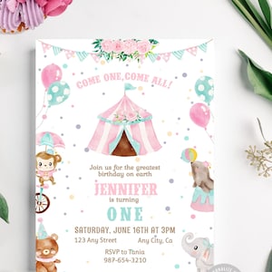 Editable Circus Birthday Pink Invitation Carnival Party Invite Thank You Favor Tag Set Template Instant Download Printable image 3