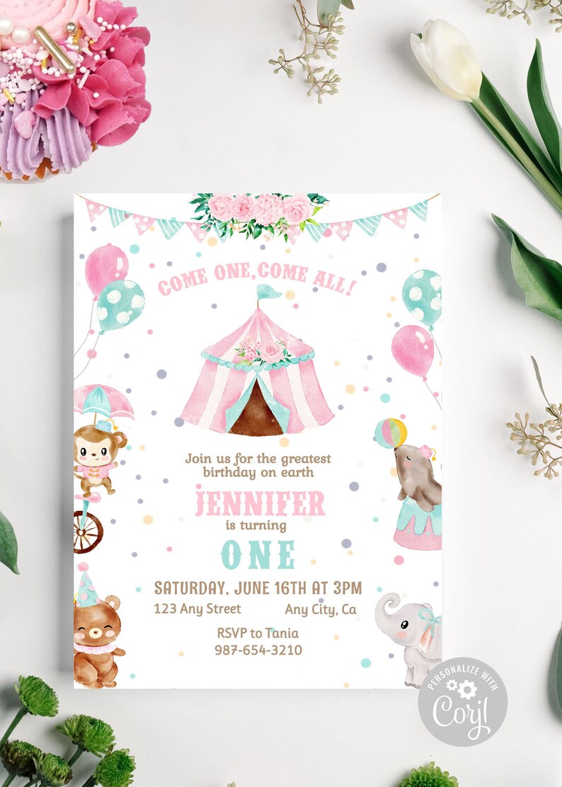 Editable Circus Birthday Pink Invitation Carnival Party Invite Thank You Favor Tag Set Template Instant Download Printable image 3