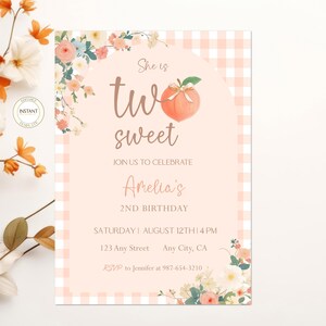 Two Sweet Peach Birthday Invitation: Editable 2nd Birthday Party (Digital Template)