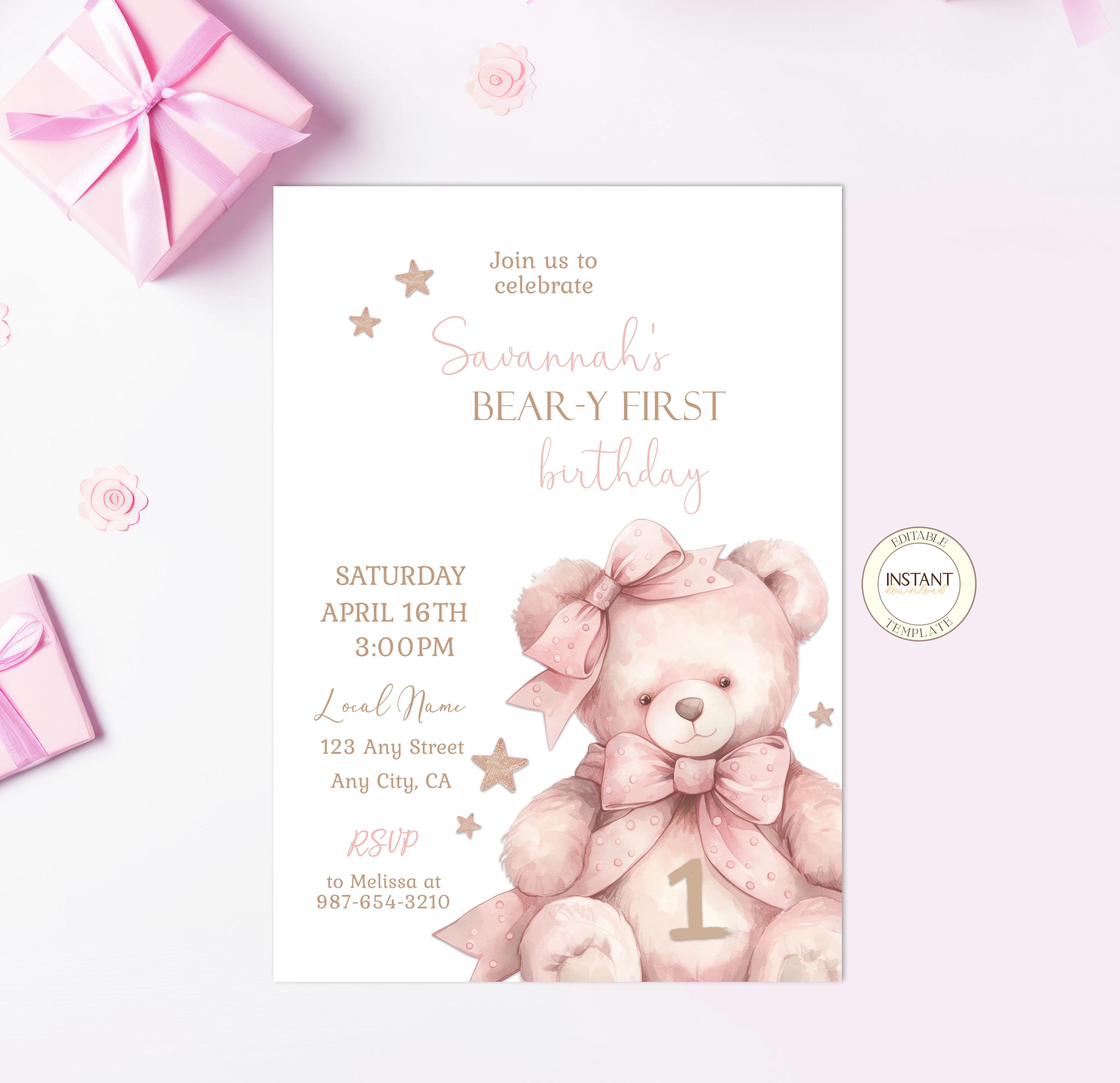 Beary First Birthday Editable Invitation Teddy Bear Pink Baby Girl 1st ...