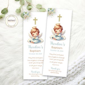 Boy Baptism Bookmark Editable Baby Little Angel Keepsake Personalized Baptism Digital Template Instant Download Printable