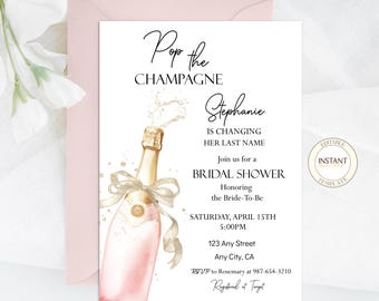 Pop the Champagne Bridal Shower Editable Invitation Gold Beige Coquette Bow Bachelorette Invite Digital Template Printable Instant Download