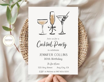 30th Birthday Editable Invitation Minimalist Cocktail Party Hand Drawn Invite Custom Age Digital Template Instant Download Printable