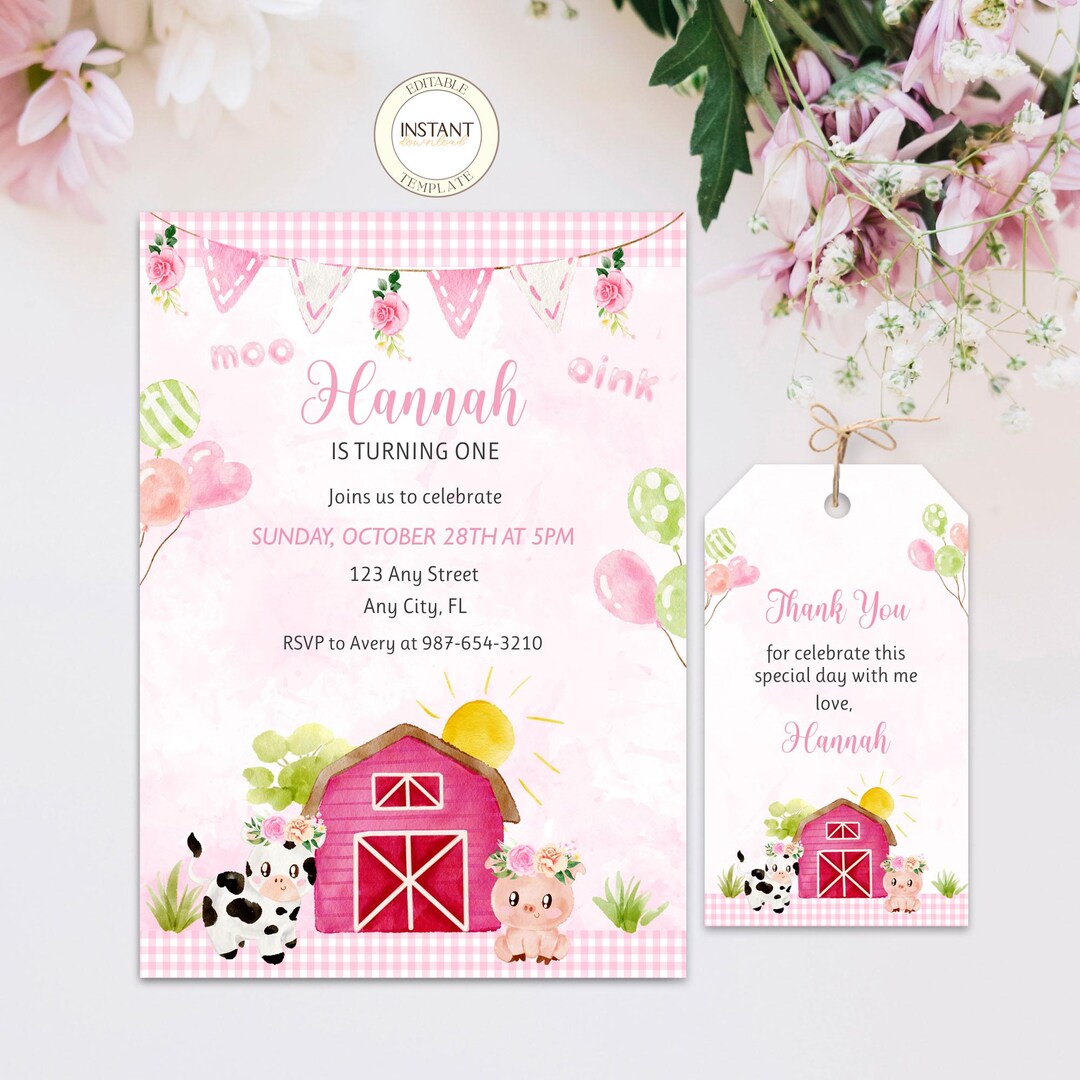 Editable Pink Farm Birthday Invitation Pink Floral Barnyard Girl First ...