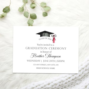 May include: A white graduation announcement card with a black mortarboard and red tassel illustration. The card includes the text "Class of 2026" and details for a graduation ceremony, including the graduate's name, date, time, and location.