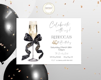 40th Birthday Editable Invitation Gold Champagne Party Black Coquette Bow Party Invite Instant Download Printable Digital Template