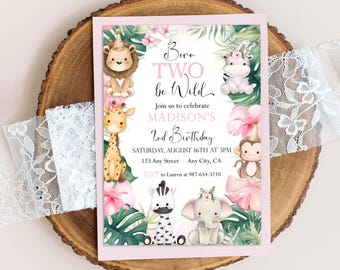 Invitación de cumpleaños editable "Born Two Be Wild" con diseño floral safari para segundo cumpleaños. Plantilla de invitación rosa para fiesta de cumpleaños de niña. Descarga imprimible.
