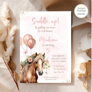 May include: Pink and gold horse birthday party invitation with a watercolour background. The invitation says "Saddle up! & gallop on over to celebrate Madison is turning 5". The invitation also includes the date, time, and location of the party.