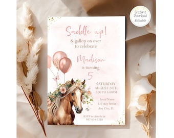 May include: Pink and gold horse birthday party invitation with a watercolor background. The invitation says "Saddle up! & gallop on over to celebrate Madison is turning 5". The invitation also includes the date, time, and location of the party.