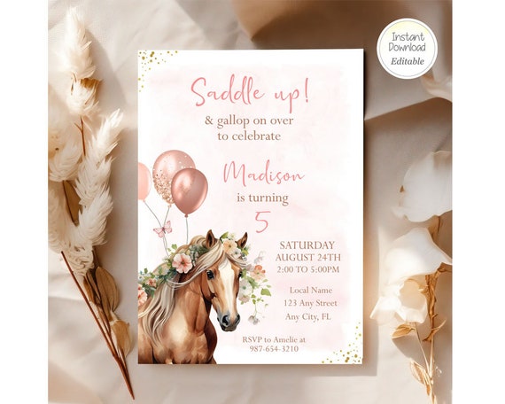 Editable Horse Birthday Floral Invitation Girl Saddle Up Invite Cowgirl Horse Party Floral Farm Birthday Instant Download Digital Template