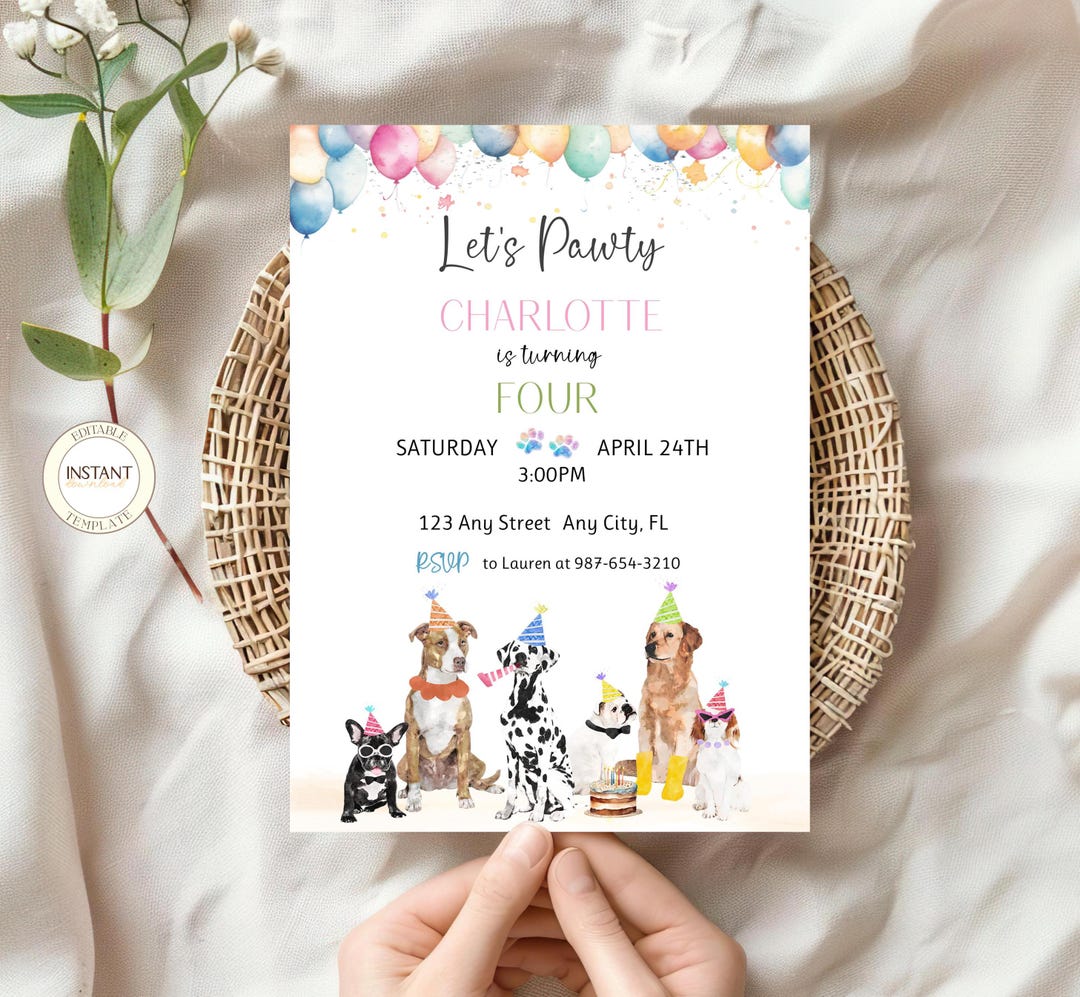 Puppy Birthday Invitation Let’s Pawty Invite Editable Dog Theme ...