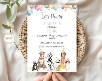 Puppy Birthday Invitation Let’s Pawty Invite Editable Dog Theme Template Custom Age Instant Digital Download