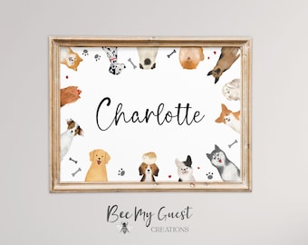 Custom Name Nursery Wall Art Print Personalized Name Watercolor Puppy Dogs Poster Kids Decor Room Printable Digital Download
