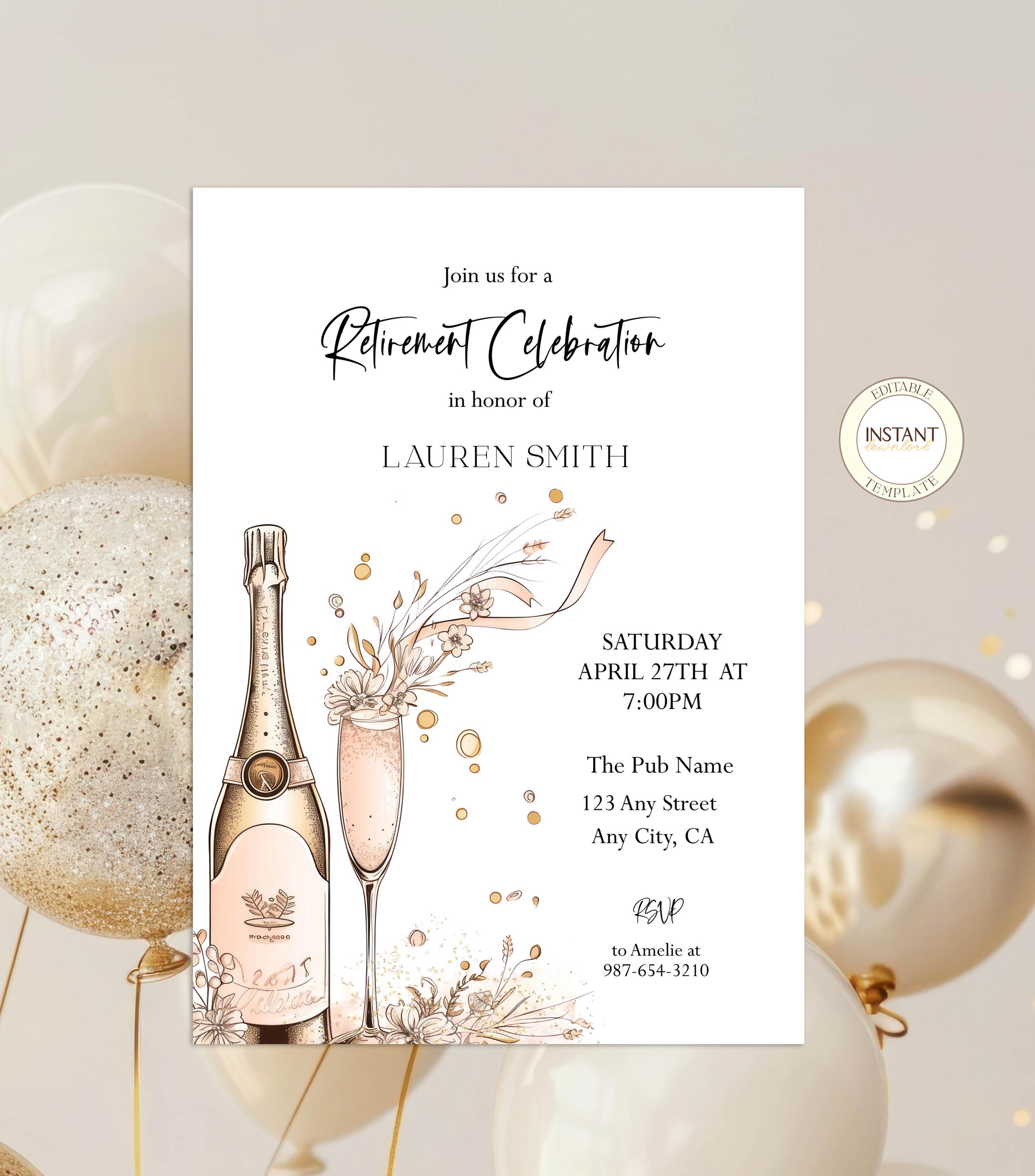 Retirement Celebration Invitation Editable Elegant Modern Digital Template Champagne Farewell Party Invite Instant Download Printable
