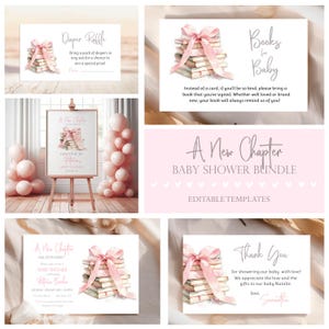 Pacchetto di modelli modificabili per baby shower con libro di fiabe, set di biglietti d'invito rosa "Un nuovo capitolo", cartello per la festa di benvenuto, download stampabile digitale BS1