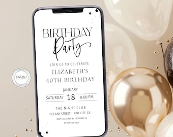 Minimalist 40th Birthday Invitation Black and White Phone Evite Editable Digital Forty Birthday Template  Custom Age Mobile Invite
