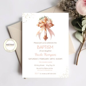 Girl Baptism Invitation Editable Baby Christening Neutral Watercolor Ribbon Invite Digital Template Instant Download Printable
