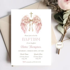 Baptism Invitation Editable Baby Pink Angel Wings Coquette Bow Gold Christening Invite Digital Template Instant Download Printable