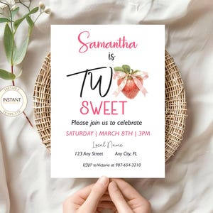 Two Sweet Birthday Editable Invitation Strawberry 2nd Birthday Berry Sweet Party Invite Digital Template Instant Download Printable