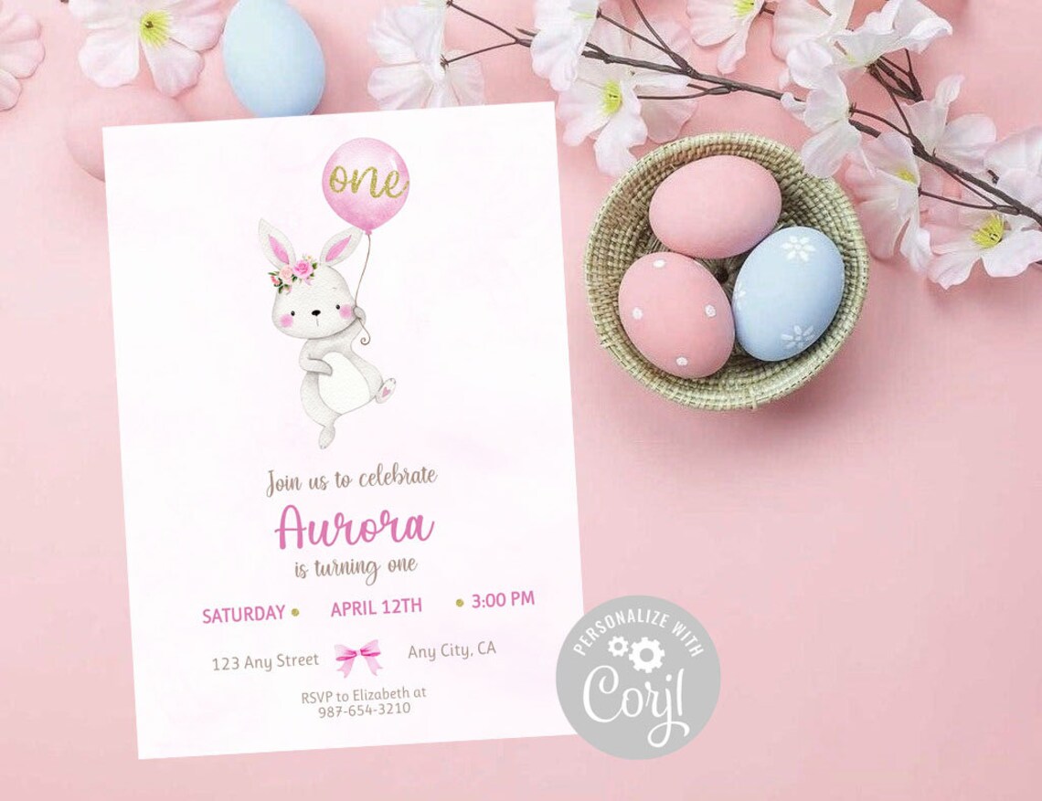 Editable Bunny First Birthday Invitation Pink Balloon Girl Easter ...