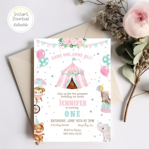 Editable Circus Birthday Pink Invitation Carnival Party Invite Thank You Favor Tag Set Template Instant Download Printable image 2