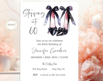 60th Birthday Invitation Editable Template Black Bow Minimalist Invite  Stepping Into Sixty Custom Age Party Invite Instant Download