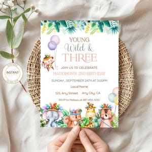 Young Wild and Three Birthday Editable Invitation  Safari Third Birthday Jungle Party Invite Digital Template Instant Download Printable