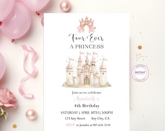 Puede incluir: Una tarjeta de invitación de cumpleaños blanca con una ilustración en acuarela de un castillo rosa coronado con una corona y un lazo. El texto dice Four Ever A Princess, Join us to celebrate Annabelle's 4th Birthday, Saturday, April 18th, 3:00PM, 123 Any Street, Any City, CA, RSVP to Jennifer at 987-654-3210.